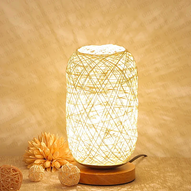 Wooden base Rattan Twine Ball Lights Table Lamp Home Decor Living Room Bedroom Bedside Desk Lamp Night light USB and EU plug